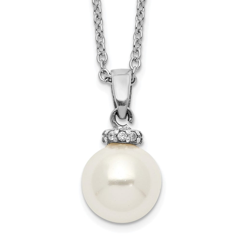 Sterling Silver Majestik Rhodium-Plated 8-9mm White Imitation Shell Pearl Cz Spring Ring Clasp 17 Inch Necklace
