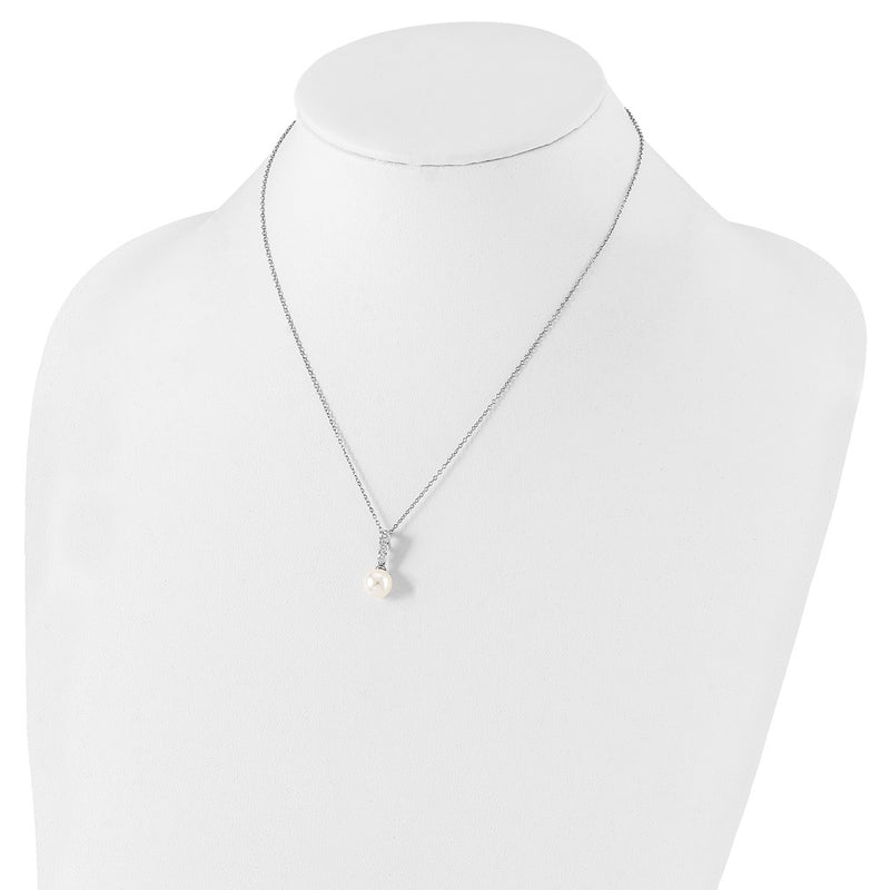 Sterling Silver Majestik Rhodium-Plated 8-9mm Imitation Shell Pearl Cz Spring Ring Clasp 17 Inch Necklace