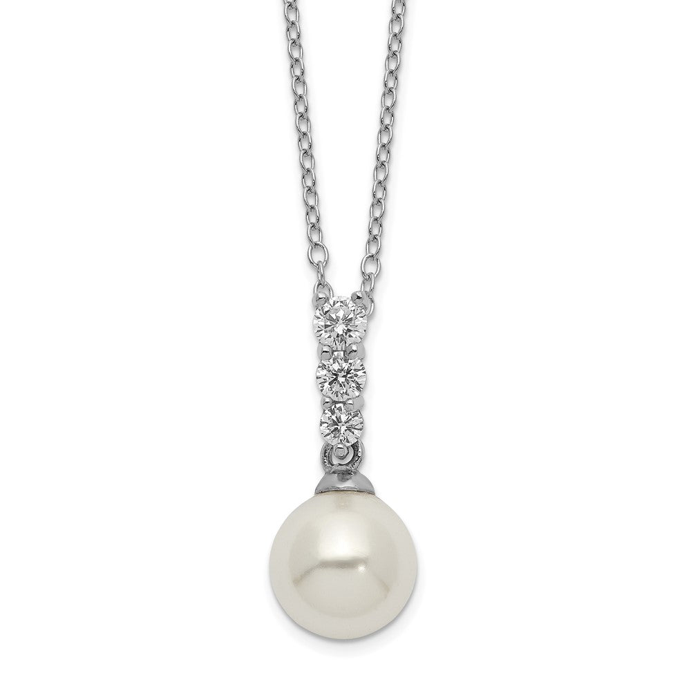 Sterling Silver Majestik Rhodium-Plated 8-9mm Imitation Shell Pearl Cz Spring Ring Clasp 17 Inch Necklace