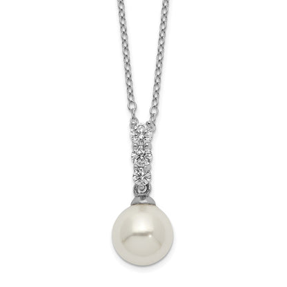 Sterling Silver Majestik Rhodium-Plated 8-9mm Imitation Shell Pearl Cz Spring Ring Clasp 17 Inch Necklace