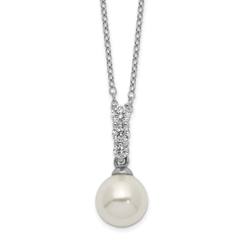 Sterling Silver Majestik Rhodium-Plated 8-9mm Imitation Shell Pearl Cz Spring Ring Clasp 17 Inch Necklace