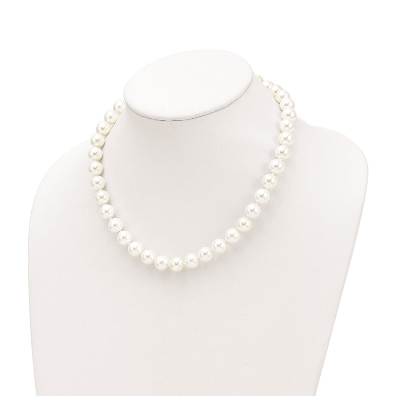Sterling Silver Majestic Rhodium-Plated 10-11mm White Imitation Shell Pearl Hand-Knotted Necklace
