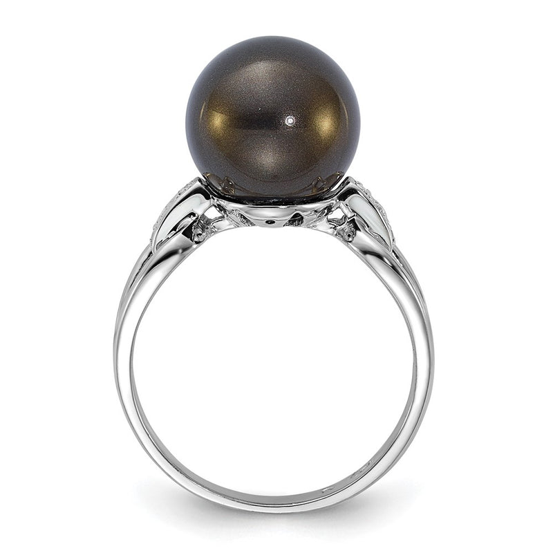 Sterling Silver Majestik 10-11mm Black Shell Bead & Cz Ring