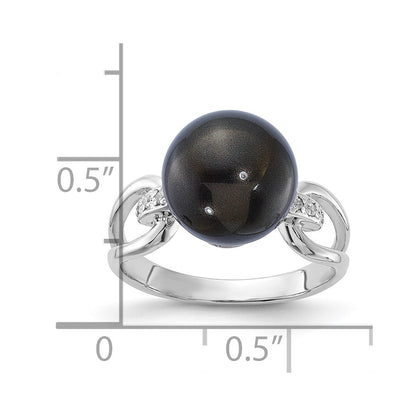 Sterling Silver Majestik 10-11mm Black Shell Bead & Cz Ring