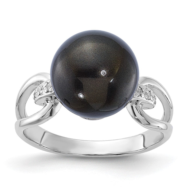 Sterling Silver Majestik 10-11mm Black Shell Bead & Cz Ring