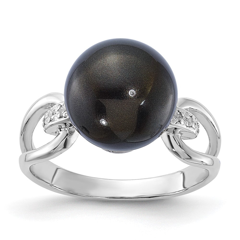 Sterling Silver Majestik 10-11mm Black Shell Bead & Cz Ring