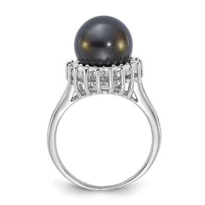 Sterling Silver Majestik 10-11mm Black Shell Bead & Cz Ring