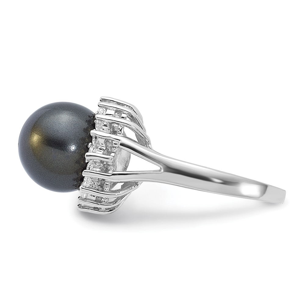 Sterling Silver Majestik 10-11mm Black Shell Bead & Cz Ring