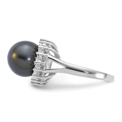 Sterling Silver Majestik 10-11mm Black Shell Bead & Cz Ring