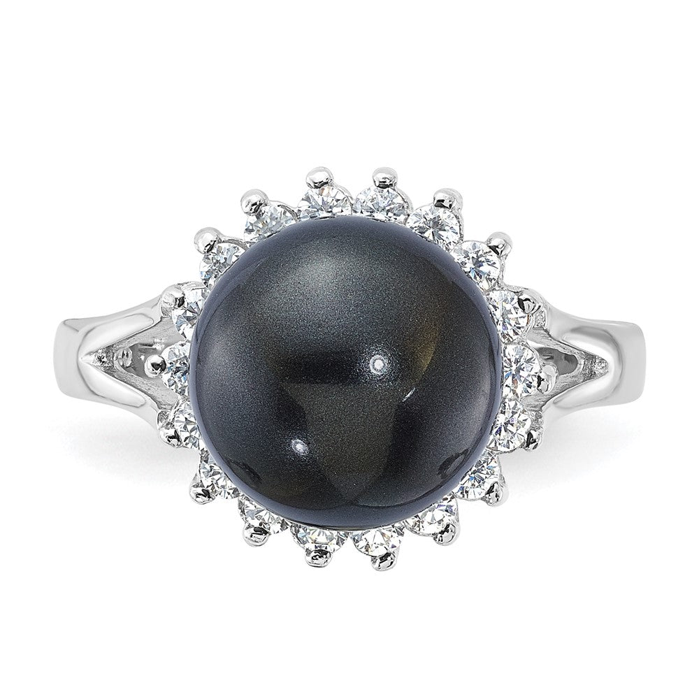 Sterling Silver Majestik 10-11mm Black Shell Bead & Cz Ring