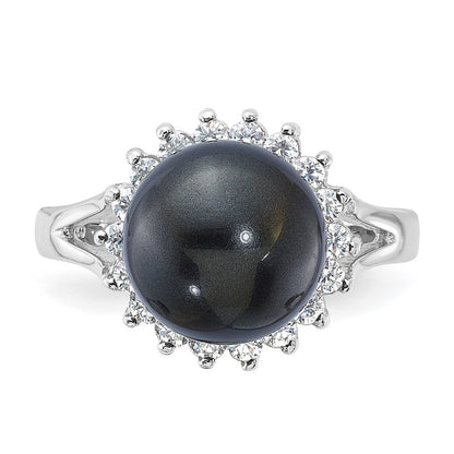 Sterling Silver Majestik 10-11mm Black Shell Bead & Cz Ring