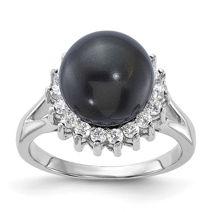 Sterling Silver Majestik 10-11mm Black Shell Bead & Cz Ring