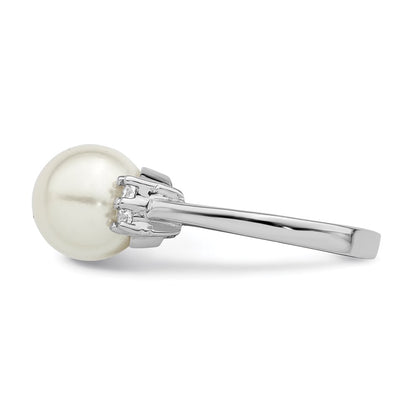 Sterling Silver Majestik Rhodium-Plated Size 6 10-11mm White Imitation Shell Pearl And Cz Ring