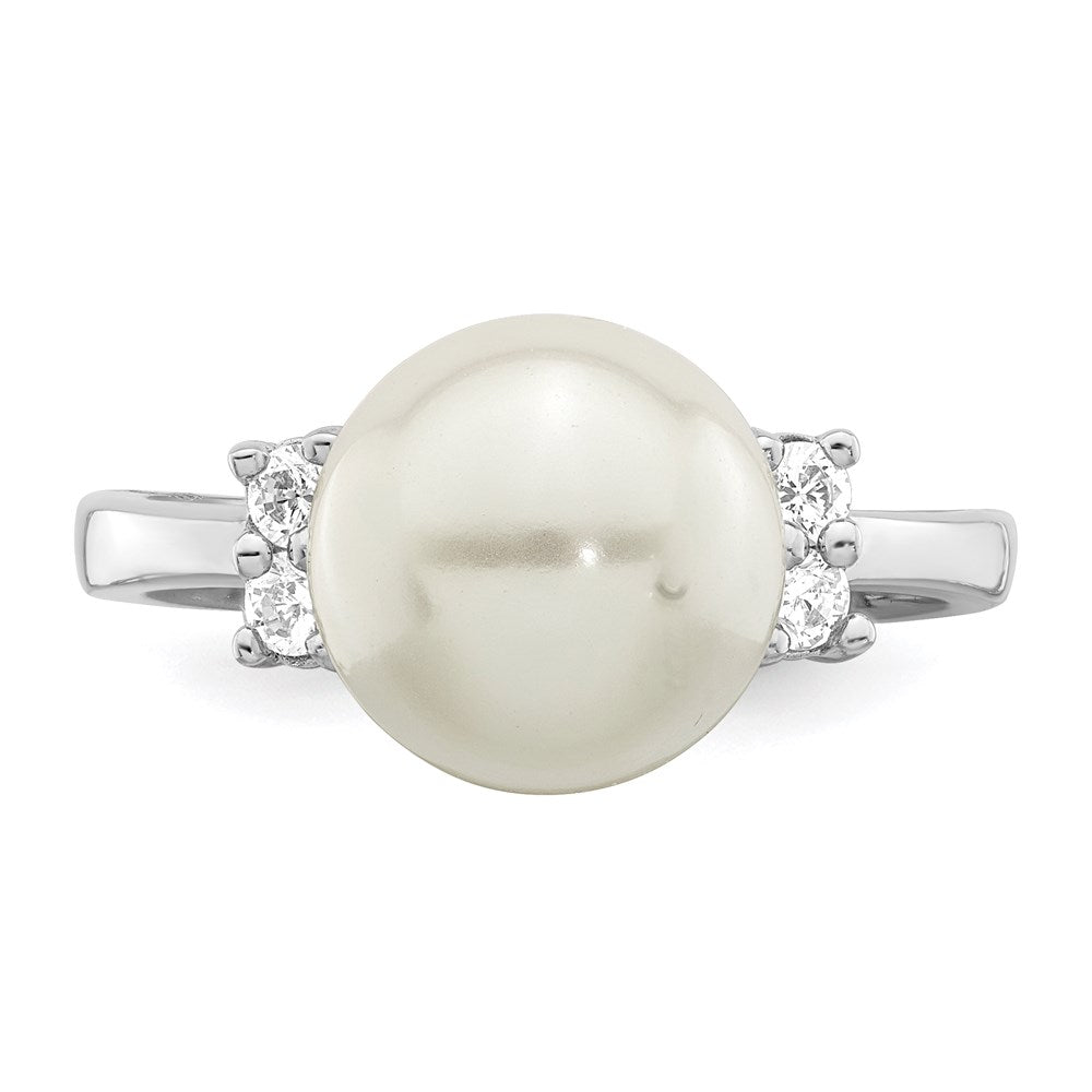 Sterling Silver Majestik Rhodium-Plated Size 8 10-11mm White Imitation Shell Pearl And Cz Ring