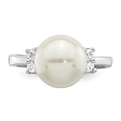 Sterling Silver Majestik Rhodium-Plated Size 8 10-11mm White Imitation Shell Pearl And Cz Ring
