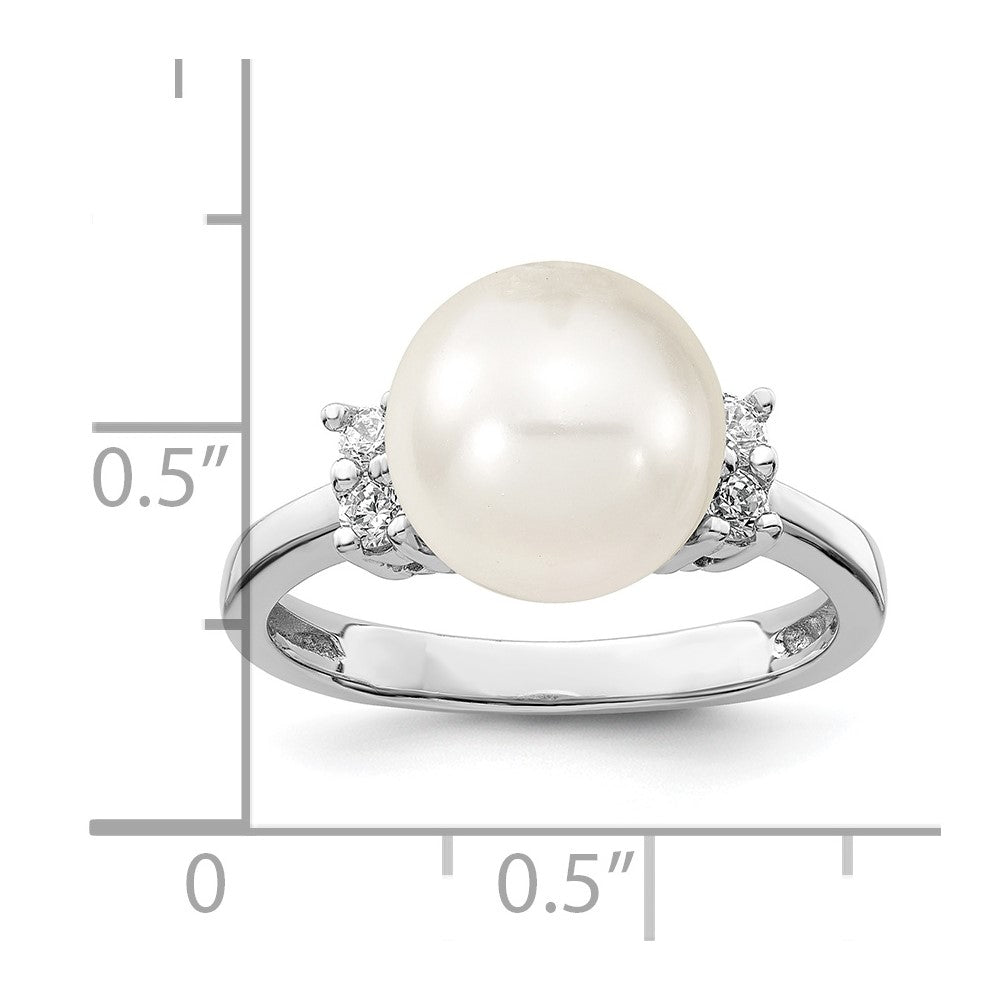 Sterling Silver Majestik Rhodium-Plated Size 6 10-11mm White Imitation Shell Pearl And Cz Ring