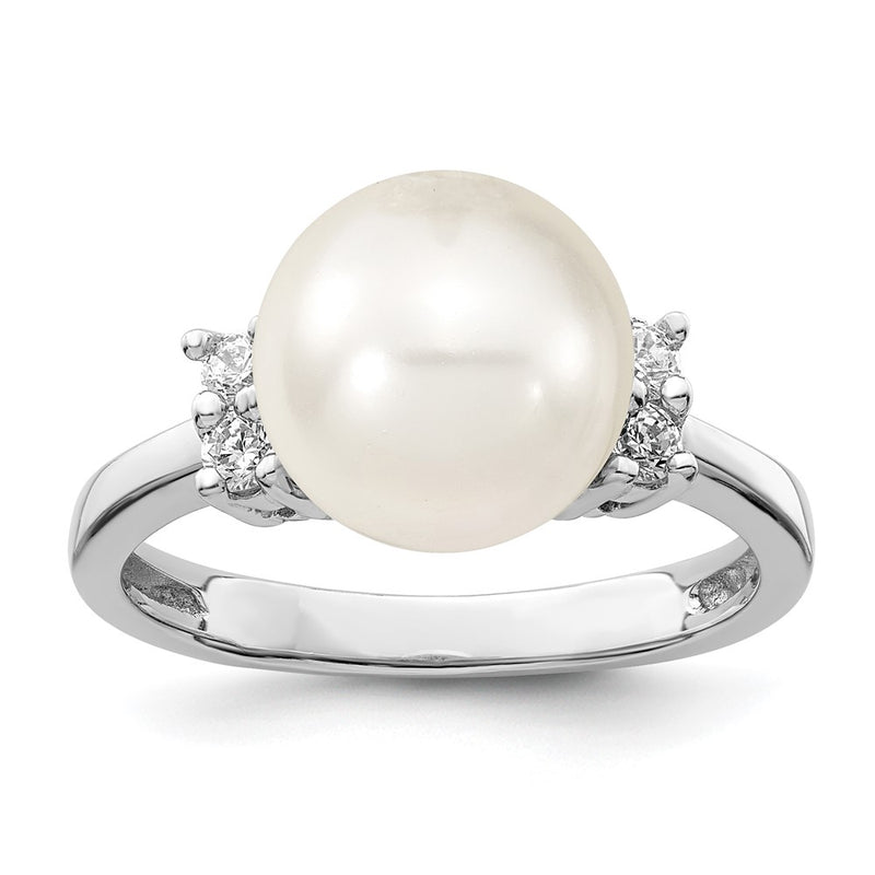 Sterling Silver Majestik Rhodium-Plated Size 8 10-11mm White Imitation Shell Pearl And Cz Ring