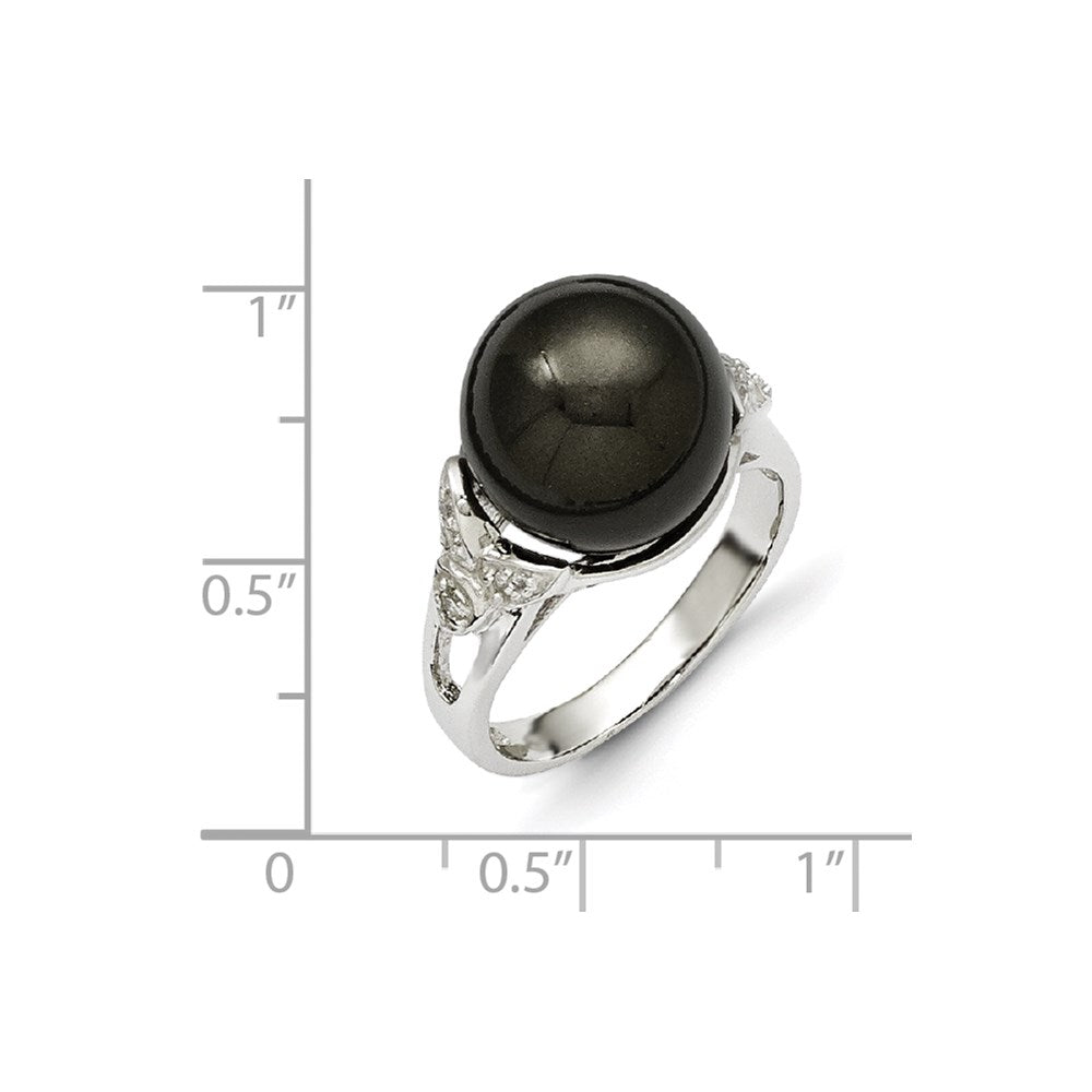 Sterling Silver Majestik 12-13mm Black Shell Bead & Cz Ring