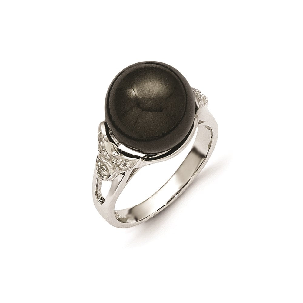 Sterling Silver Majestik 12-13mm Black Shell Bead & Cz Ring