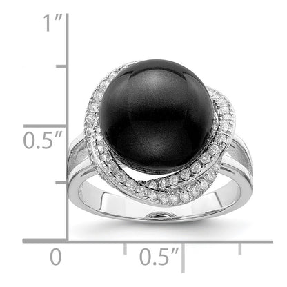 Sterling Silver Majestik Rhodium-Plated Size 6 12-13mm Black Imitation Shell Pearl And Cz Ring