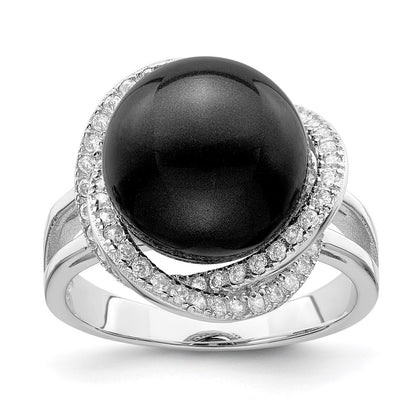 Sterling Silver Majestik Rhodium-Plated Size 8 12-13mm Black Imitation Shell Pearl And Cz Ring
