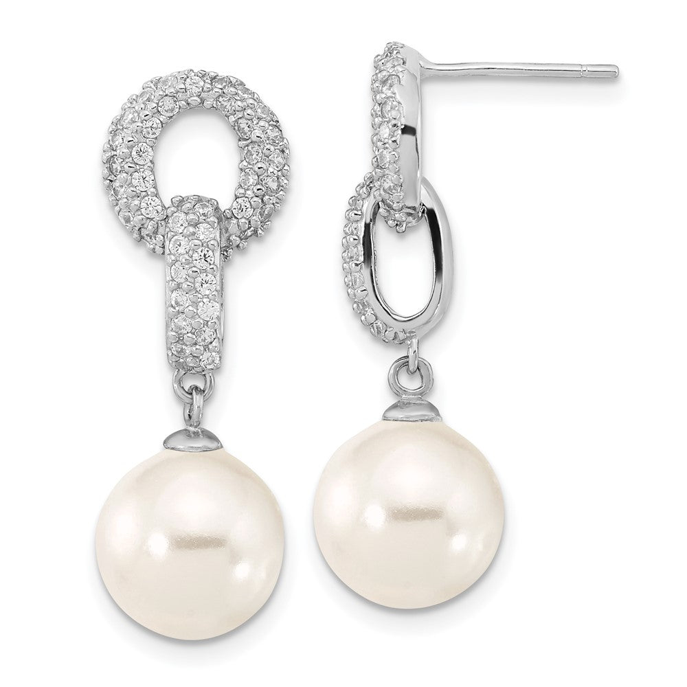 Sterling Silver Majestik Rhodium-Plated 10-11mm White Imitation Shell Pearl And Cz Earrings Spring Ring Clasp 17 Inch Necklace Set