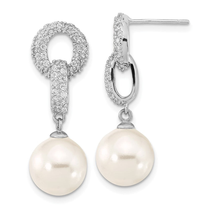 Sterling Silver Majestik Rhodium-Plated 10-11mm White Imitation Shell Pearl And Cz Earrings Spring Ring Clasp 17 Inch Necklace Set