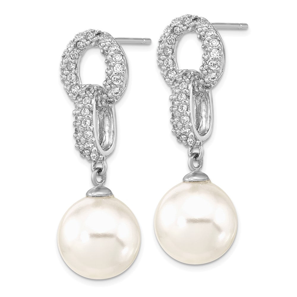 Sterling Silver Majestik Rhodium-Plated 10-11mm White Imitation Shell Pearl And Cz Earrings Spring Ring Clasp 17 Inch Necklace Set