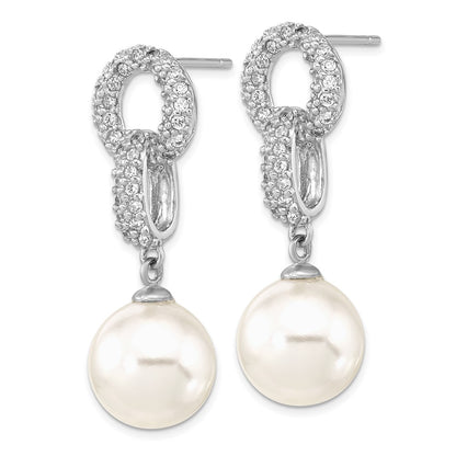 Sterling Silver Majestik Rhodium-Plated 10-11mm White Imitation Shell Pearl And Cz Earrings Spring Ring Clasp 17 Inch Necklace Set