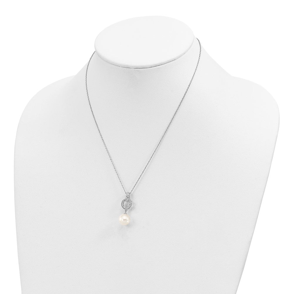Sterling Silver Majestik Rhodium-Plated 10-11mm White Imitation Shell Pearl And Cz Earrings Spring Ring Clasp 17 Inch Necklace Set