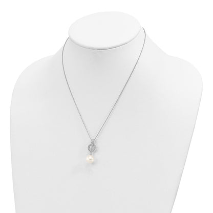 Sterling Silver Majestik Rhodium-Plated 10-11mm White Imitation Shell Pearl And Cz Earrings Spring Ring Clasp 17 Inch Necklace Set
