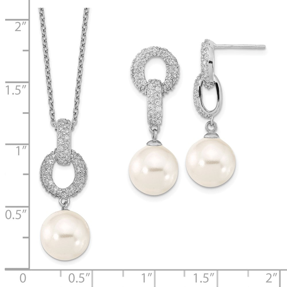 Sterling Silver Majestik Rhodium-Plated 10-11mm White Imitation Shell Pearl And Cz Earrings Spring Ring Clasp 17 Inch Necklace Set