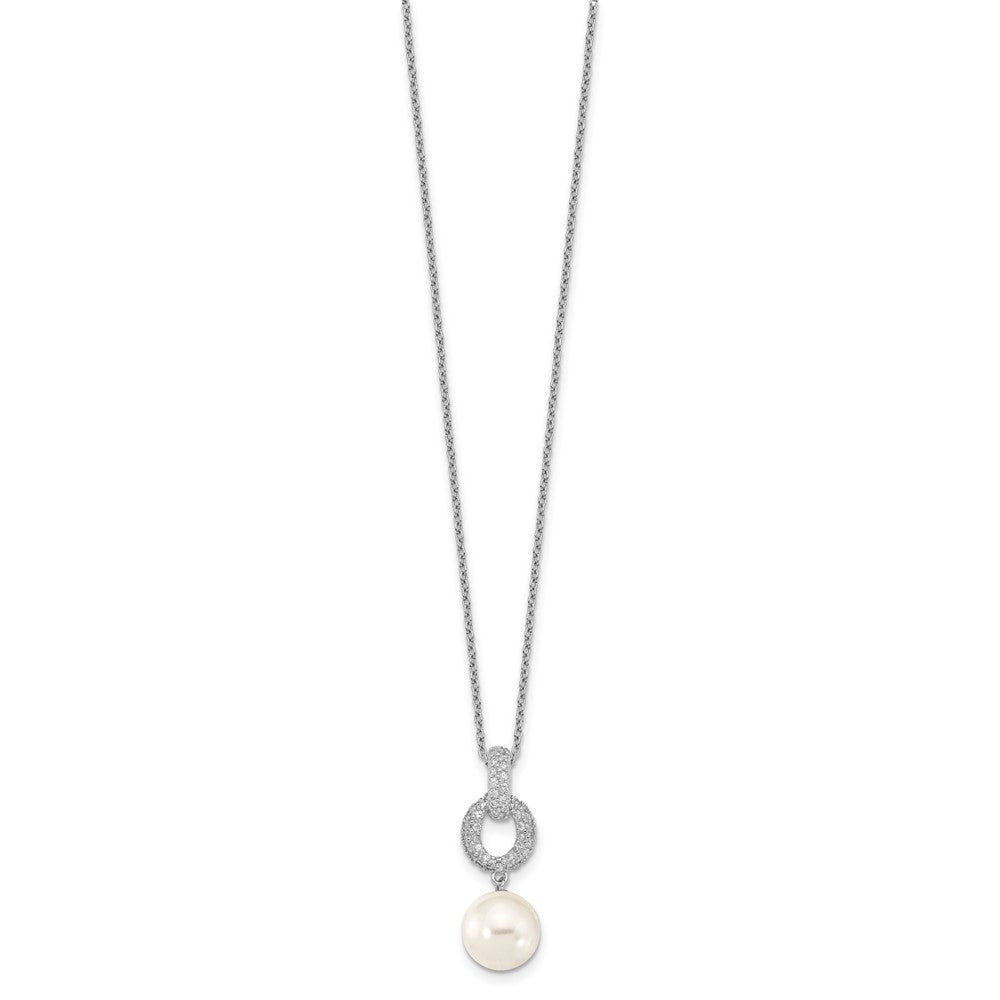 Sterling Silver Majestik Rhodium-Plated 10-11mm White Imitation Shell Pearl And Cz Earrings Spring Ring Clasp 17 Inch Necklace Set