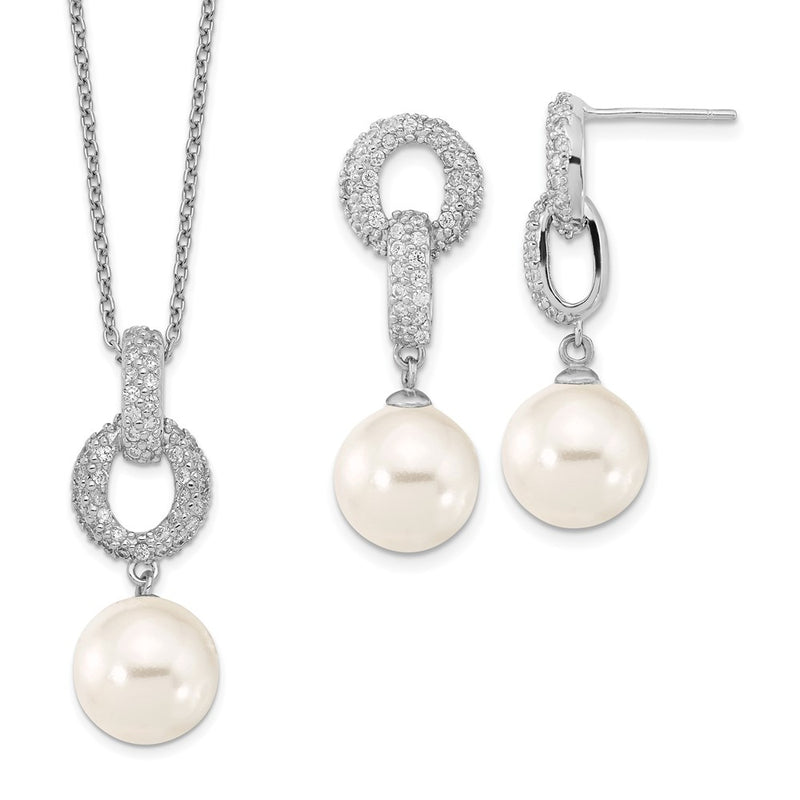 Sterling Silver Majestik Rhodium-Plated 10-11mm White Imitation Shell Pearl And Cz Earrings Spring Ring Clasp 17 Inch Necklace Set