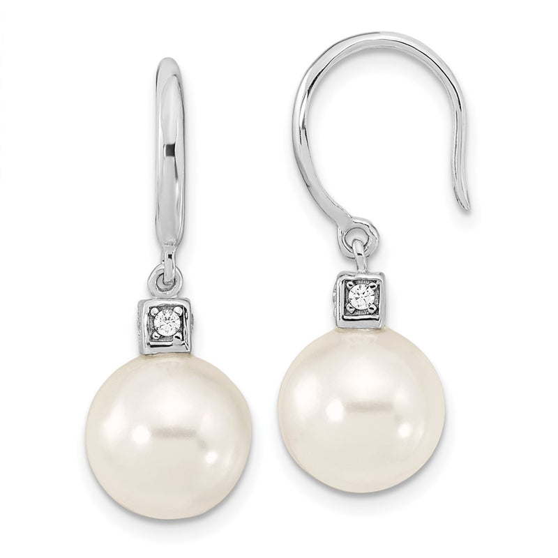 Sterling Silver Majestik Rhodium-Plated 10-11mm White Imitation Shell Pearl And Cz Earrings Spring Ring Clasp 17 Inch Necklace Set