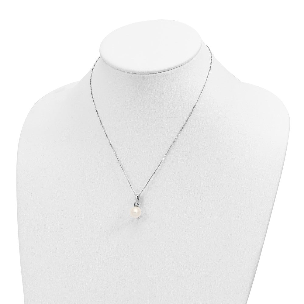 Sterling Silver Majestik Rhodium-Plated 10-11mm White Imitation Shell Pearl And Cz Earrings Spring Ring Clasp 17 Inch Necklace Set