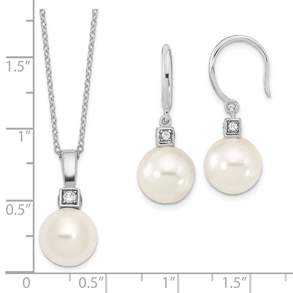 Sterling Silver Majestik Rhodium-Plated 10-11mm White Imitation Shell Pearl And Cz Earrings Spring Ring Clasp 17 Inch Necklace Set