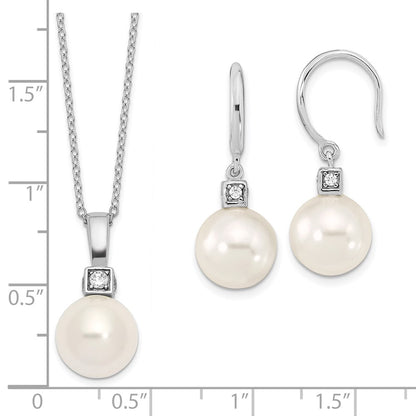 Sterling Silver Majestik Rhodium-Plated 10-11mm White Imitation Shell Pearl And Cz Earrings Spring Ring Clasp 17 Inch Necklace Set