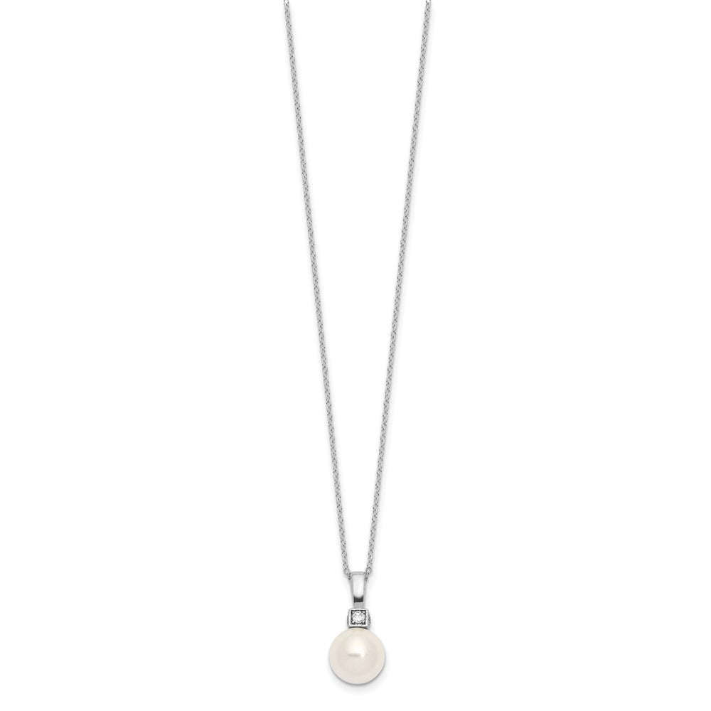 Sterling Silver Majestik Rhodium-Plated 10-11mm White Imitation Shell Pearl And Cz Earrings Spring Ring Clasp 17 Inch Necklace Set