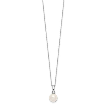 Sterling Silver Majestik Rhodium-Plated 10-11mm White Imitation Shell Pearl And Cz Earrings Spring Ring Clasp 17 Inch Necklace Set