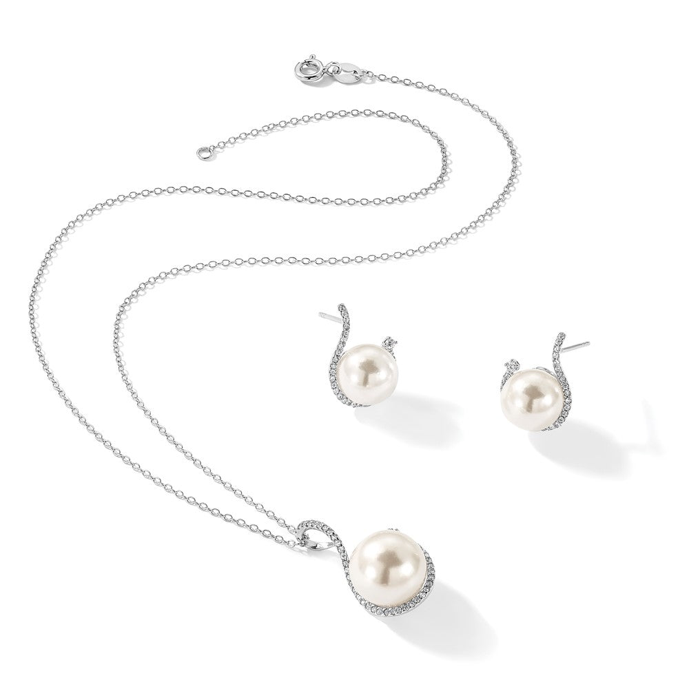 sterling-silver-majestik-rhodium-plated-10-12mm-white-imitation-shell-pearl-and-cz-earrings-spring-ring-clasp-17-inch-necklace-set