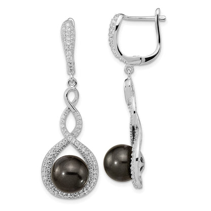 Sterling Silver Majestik Rhodium-Plated 10-12mm Black Imitation Shell Pearl And Cz Earrings Spring Ring Clasp 17 Inch Necklace Set