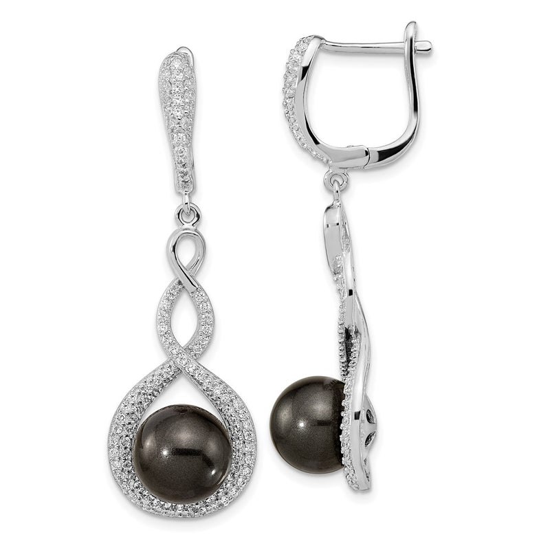 Sterling Silver Majestik Rhodium-Plated 10-12mm Black Imitation Shell Pearl And Cz Earrings Spring Ring Clasp 17 Inch Necklace Set
