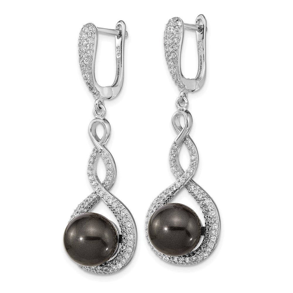 Sterling Silver Majestik Rhodium-Plated 10-12mm Black Imitation Shell Pearl And Cz Earrings Spring Ring Clasp 17 Inch Necklace Set