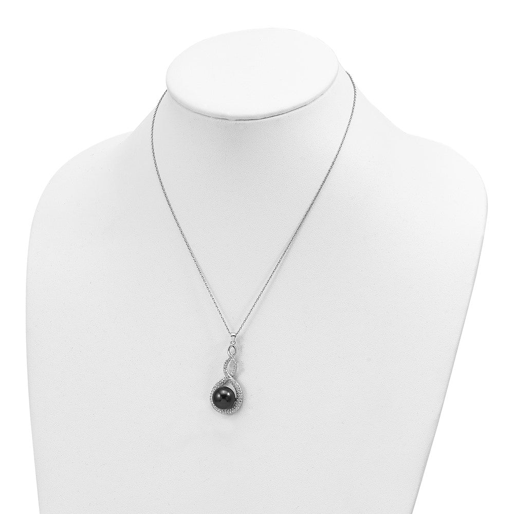 Sterling Silver Majestik Rhodium-Plated 10-12mm Black Imitation Shell Pearl And Cz Earrings Spring Ring Clasp 17 Inch Necklace Set