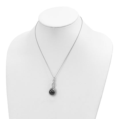 Sterling Silver Majestik Rhodium-Plated 10-12mm Black Imitation Shell Pearl And Cz Earrings Spring Ring Clasp 17 Inch Necklace Set