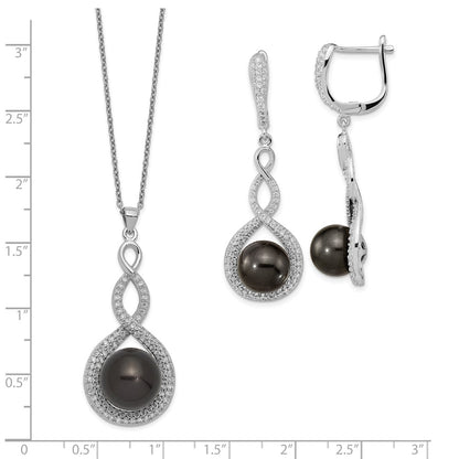 Sterling Silver Majestik Rhodium-Plated 10-12mm Black Imitation Shell Pearl And Cz Earrings Spring Ring Clasp 17 Inch Necklace Set
