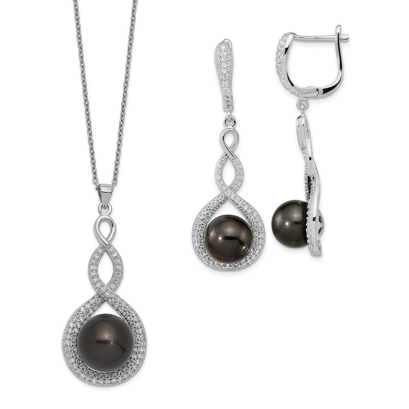 Sterling Silver Majestik Rhodium-Plated 10-12mm Black Imitation Shell Pearl And Cz Earrings Spring Ring Clasp 17 Inch Necklace Set