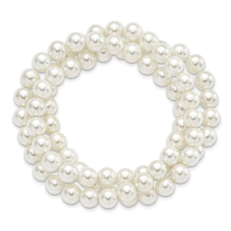 Fashion Majestik 7-8mm White Imitation Shell Pearl Hand-Knotted Set Of 3 Stretch Bracelets
