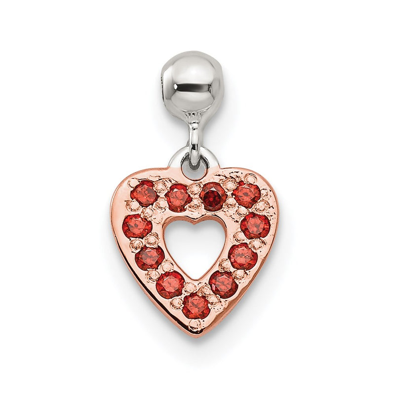 Sterling Silver Mio Memento Rose-Tone Red Cz Dangle Heart Charm